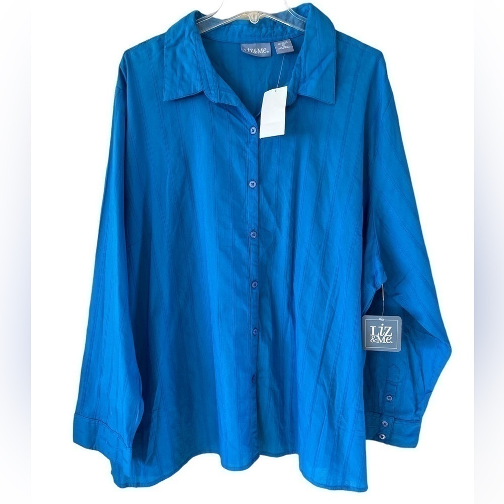 NWT Liz & Me button down blouse striped textured fabric Blue size 3X Long Sleeve